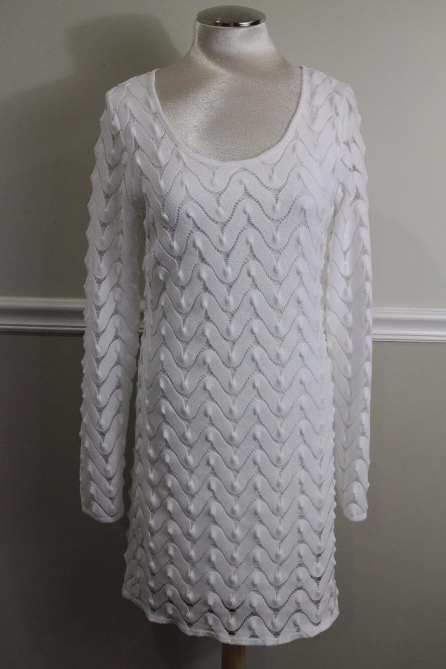 Free People Women's White Knit WAVE Long Sleeve Shift Dress SIZE L (100